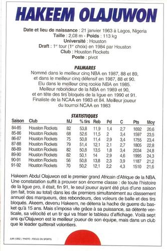 1991-93 5 Majeur Magazine France #NNO Hakeem Olajuwon Back