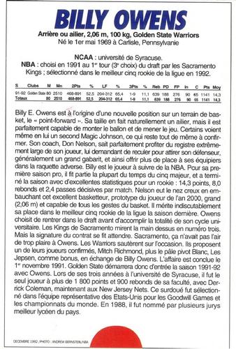 1991-93 5 Majeur Magazine France #NNO Billy Owens Back