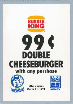 1990 Hoops Team Night Minnesota Timberwolves #NNO Burger King Ad Card / Double Cheeseburger Coupon Front