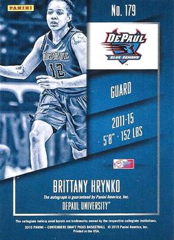 2015 Panini Contenders Draft Picks - College Draft Ticket Autographs Blue Foil #179 Brittany Hrynko Back
