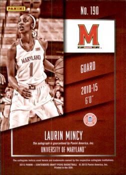 2015 Panini Contenders Draft Picks - College Draft Ticket Autographs Blue Foil #190 Laurin Mincy Back