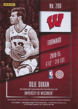 2015 Panini Contenders Draft Picks - College Draft Ticket Autographs Blue Foil #200 Duje Dukan Back