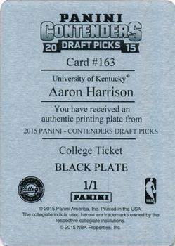2015 Panini Contenders Draft Picks - Season Ticket Printing Plates Black #163 Aaron Harrison Back