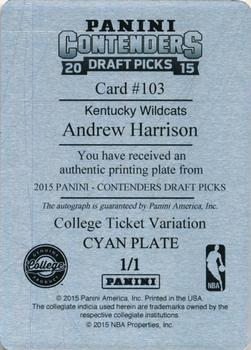 2015 Panini Contenders Draft Picks - Season Ticket Printing Plates Cyan #103a Andrew Harrison Back