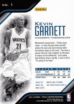 2015-16 Panini Totally Certified #1 Kevin Garnett Back