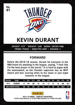 2015-16 Panini Complete #41 Kevin Durant Back