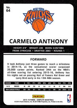 2015-16 Panini Complete #64 Carmelo Anthony Back