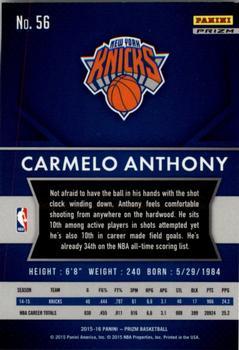 2015-16 Panini Prizm - Orange Wave Prizms #56 Carmelo Anthony Back