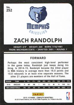 2015-16 Panini Complete - Gold #252 Zach Randolph Back