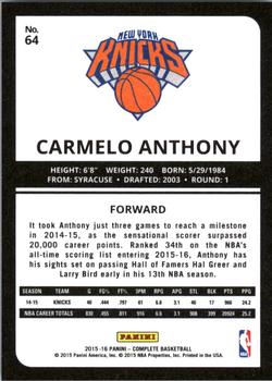 2015-16 Panini Complete - Silver #64 Carmelo Anthony Back