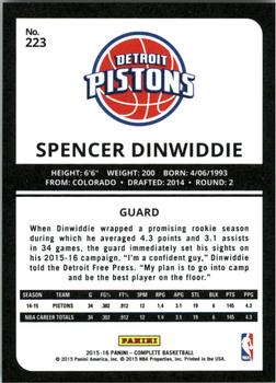 2015-16 Panini Complete - Silver #223 Spencer Dinwiddie Back
