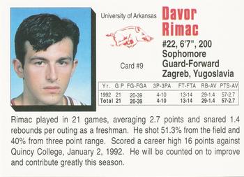 1992-93 Arkansas Razorbacks #9 Davor Rimac Back