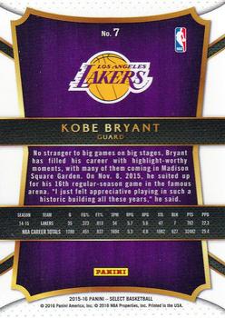 2015-16 Panini Select #7 Kobe Bryant Back