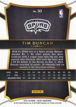 2015-16 Panini Select #30 Tim Duncan Back