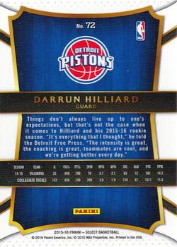 2015-16 Panini Select #72 Darrun Hilliard Back