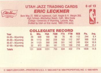 1988-89 Fleer Old Home Bread Utah Jazz #8 Eric Leckner Back
