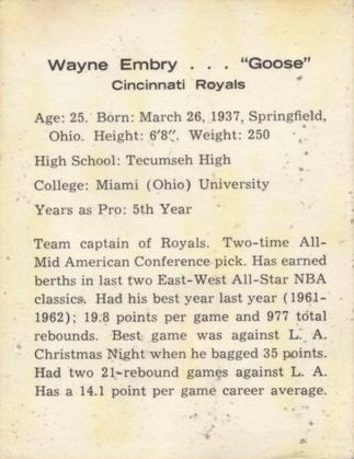 1962-63 Kahn's #NNO Wayne Embry Back