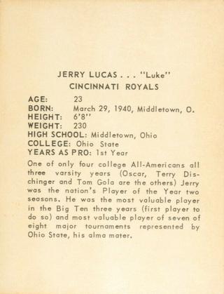 1963-64 Kahn's #NNO Jerry Lucas Back