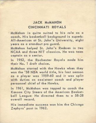 1963-64 Kahn's #NNO Jack McMahon Back