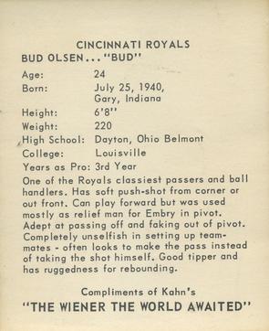 1964-65 Kahn's #NNO Bud Olsen Back
