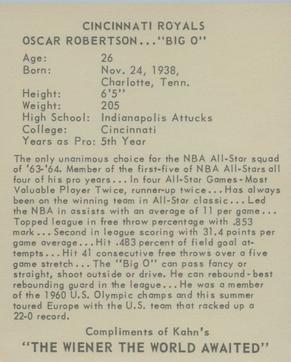 1964-65 Kahn's #NNOb Oscar Robertson Back
