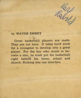 1959-60 Kahn's #NNO Wayne Embry Back