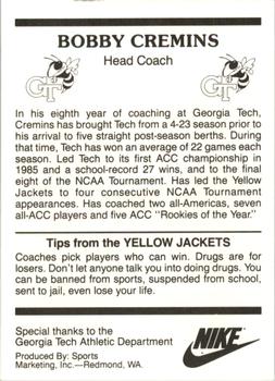 1988-89 Georgia Tech Yellow Jackets #3 Bobby Cremins Back