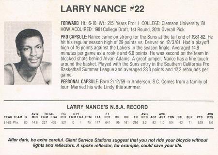 1982-83 Giant Service Phoenix Suns #NNO Larry Nance Back