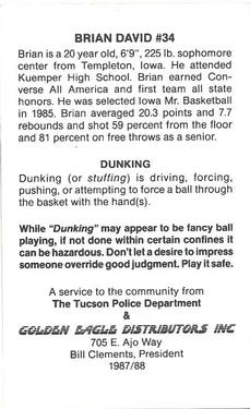 1987-88 Arizona Wildcats Police #NNO Brian David Back