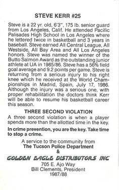 1987-88 Arizona Wildcats Police #NNO Steve Kerr Back