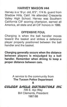 1987-88 Arizona Wildcats Police #NNO Harvey Mason Back