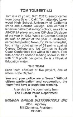 1987-88 Arizona Wildcats Police #NNO Tom Tolbert Back