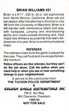 1989-90 Arizona Wildcats Police #NNO Brian Williams Back