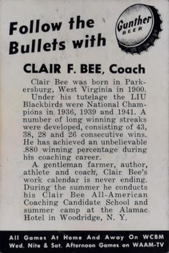 1954-55 Gunther Beer Baltimore Bullets #NNO Clair Bee Back