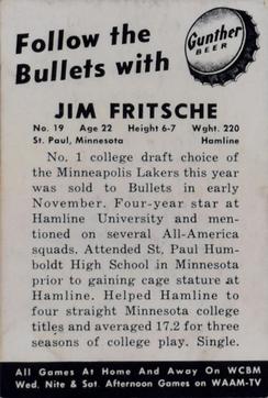 1954-55 Gunther Beer Baltimore Bullets #NNO Jim Fritsche Back