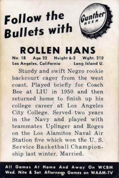 1954-55 Gunther Beer Baltimore Bullets #NNO Rollen Hans Back