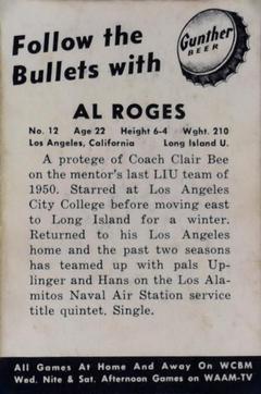 1954-55 Gunther Beer Baltimore Bullets #NNO Al Roges Back