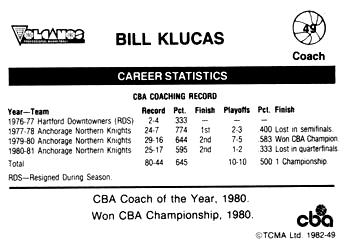 1981-82 TCMA CBA #49 Bill Klucas Back
