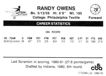 1981-82 TCMA CBA #72 Randy Owens Back