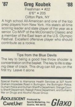 1987-88 Duke Blue Devils #NNO Greg Koubek Back