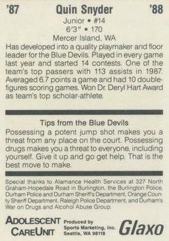 1987-88 Duke Blue Devils #NNO Quin Snyder Back