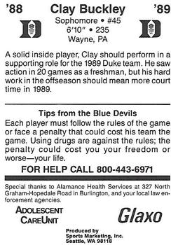 1988-89 Duke Blue Devils #NNO Clay Buckley Back