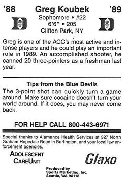 1988-89 Duke Blue Devils #NNO Greg Koubek Back