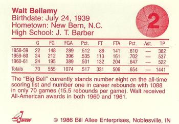 1986-87 Bank One Indiana Hoosiers All-Time Greats of IU Basketball (Series I) #2 Walt Bellamy Back