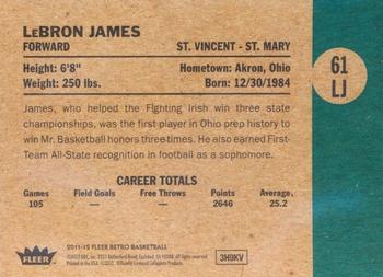 2011-12 Fleer Retro - 1961-62 Yellow/Orange #61-LJ LeBron James Back