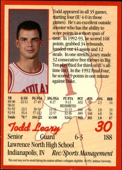 1993-94 Indiana Hoosiers #10 Todd Leary Back