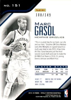2015-16 Panini Totally Certified - Mirror Red #151 Marc Gasol Back