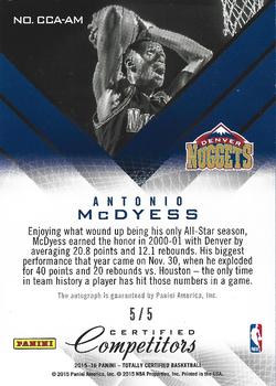 2015-16 Panini Totally Certified - Certified Competitor Autographs Mirror Green #CCA-AM Antonio McDyess Back