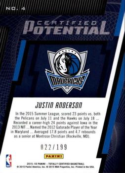 2015-16 Panini Totally Certified - Certified Potential #4 Justin Anderson Back