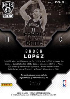 2015-16 Panini Totally Certified - Fabric of the Game Materials Blue #FG-BL Brook Lopez Back